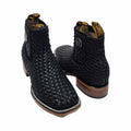 Mens Leather Cowboy Western Hand Woven Braided Square Toe half boots Chelsea Botin Vaquero Petatillo Tejidos