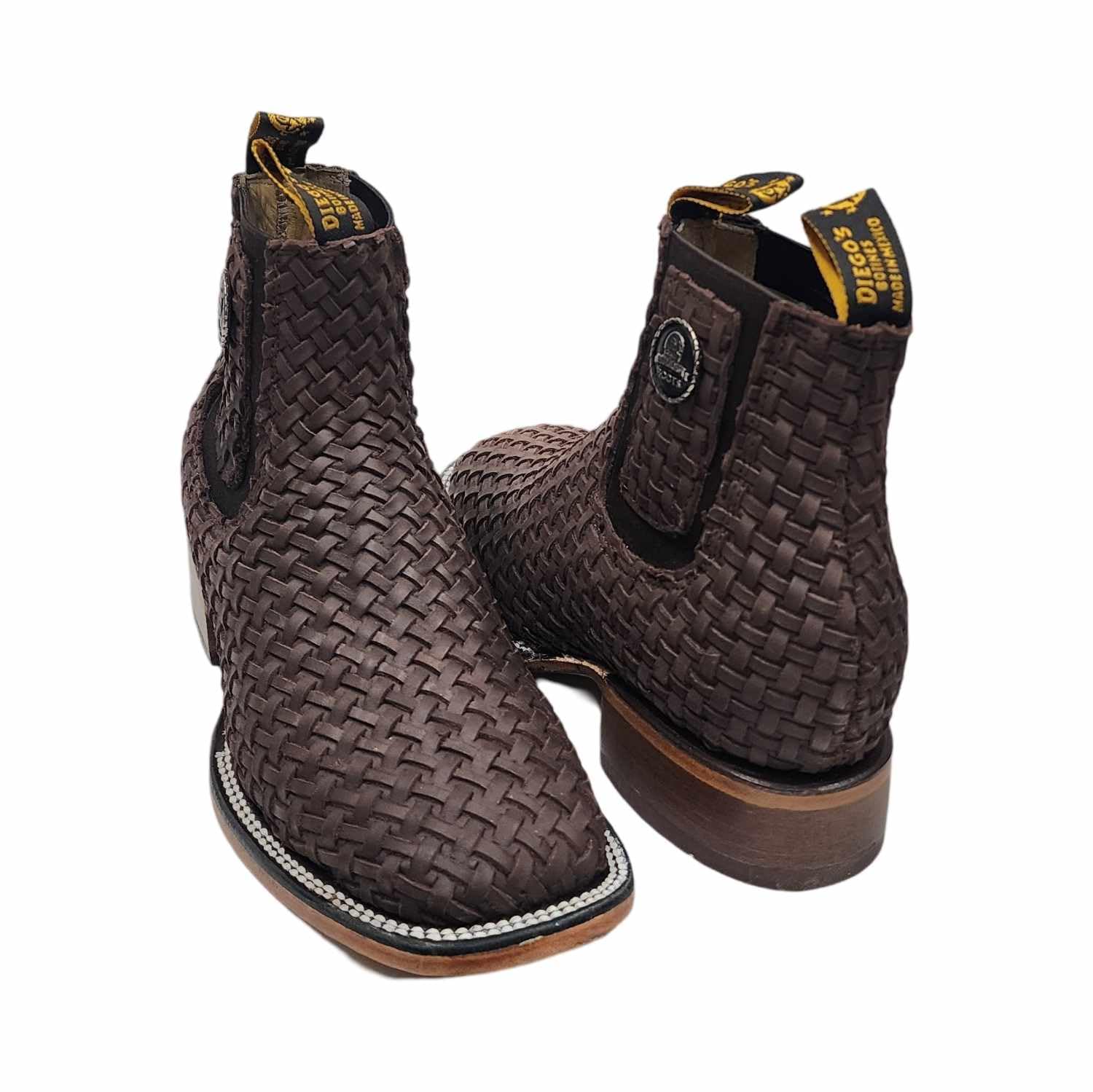 Mens Leather Cowboy Western Hand Woven Braided Square Toe half boots Chelsea Botin Vaquero Petatillo Tejidos