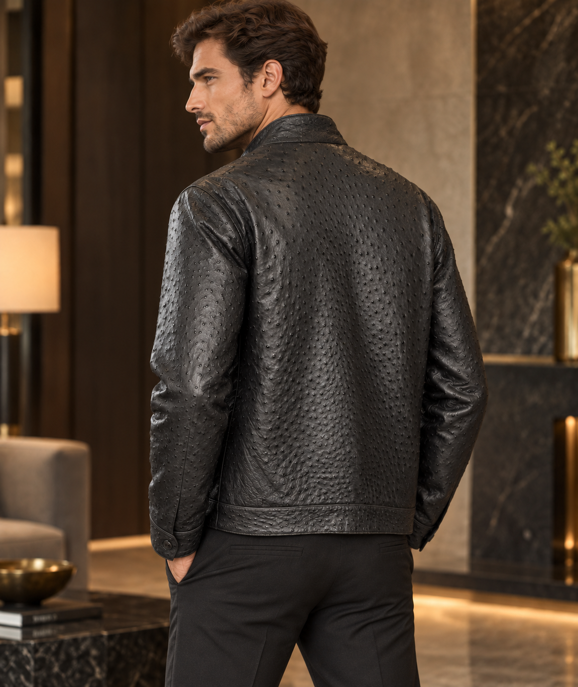 100% Genuine Full-Quill Ostrich Leather Jacket — Not Embossed