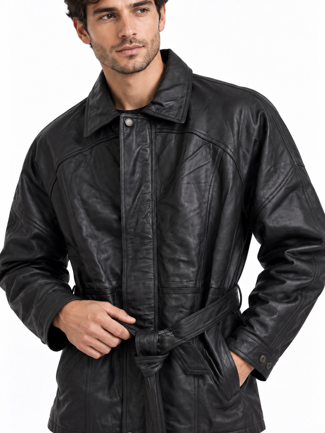 Title: Men’s Genuine Black Leather Belted 3/4-Length Jacket Trench Coat