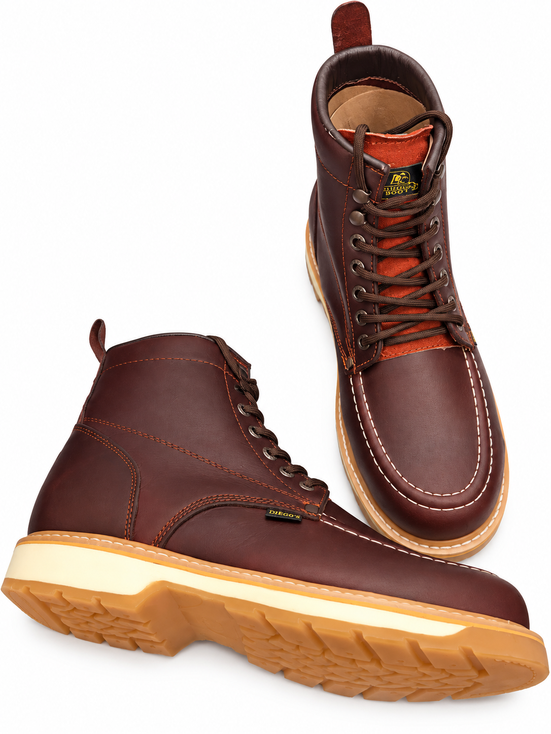 Men’s Genuine Leather Moc Toe Work Boots – Brown Lace-Up Boots with Durable Treaded Sole