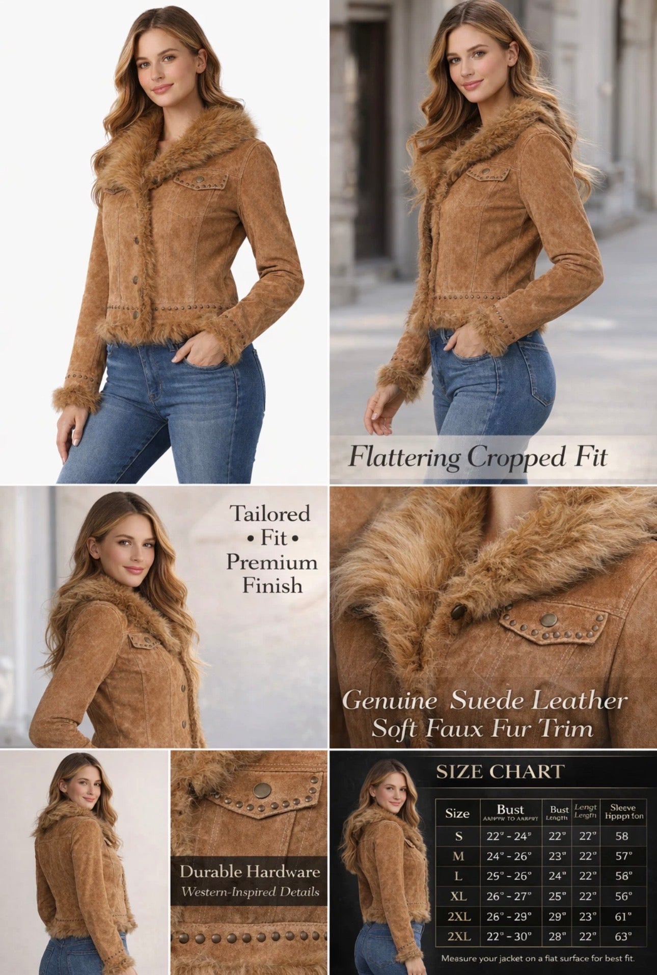 Women’s Genuine Suede Leather Jacket with Faux Fur Trim – Western Studded Cropped Jacket
