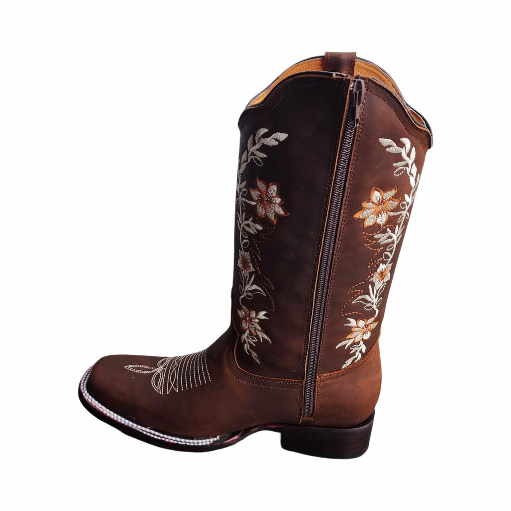 Dona Michi WOMENS COWGIRL Square toe leather Flower embroidered Design with zipper Botas para Mujer con Zierre