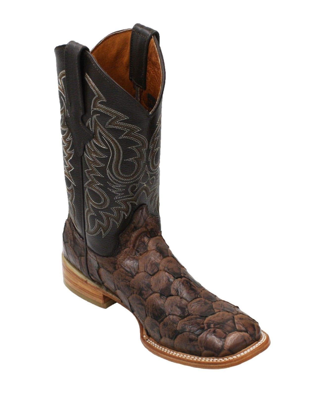 Dona Michi Men's Quincy Pirarucu Fish Print Boots Square Toe Handcrafted Brown