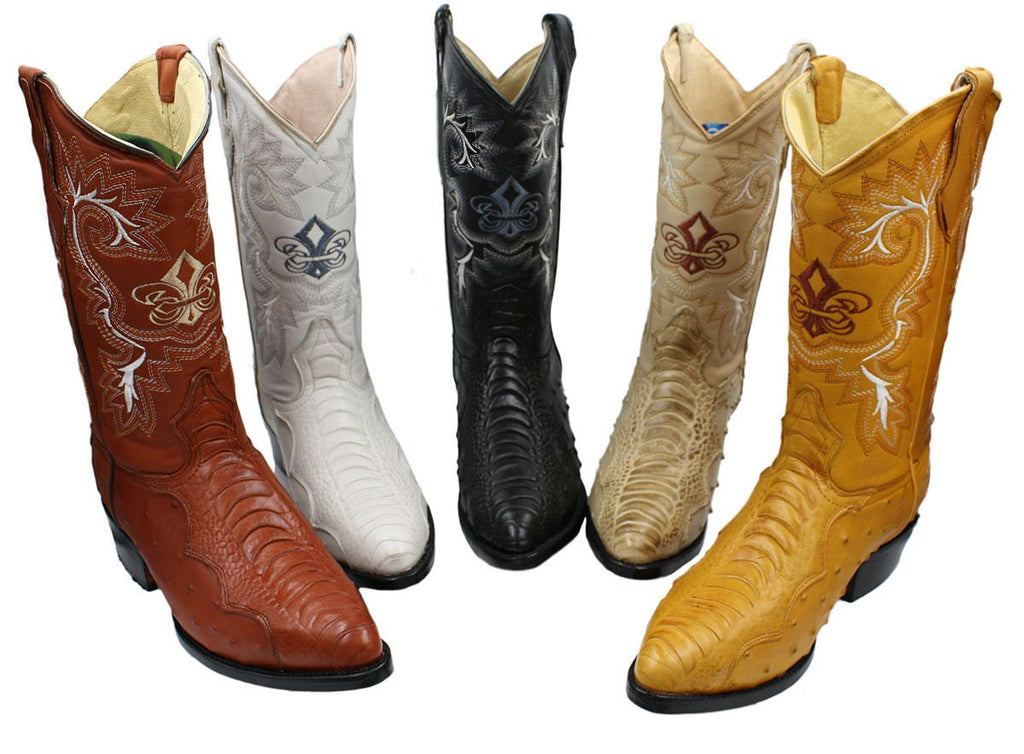 Men Genuine Cowhide Ostrich and Crocodile Print Leather J Toe Cowboy Boots