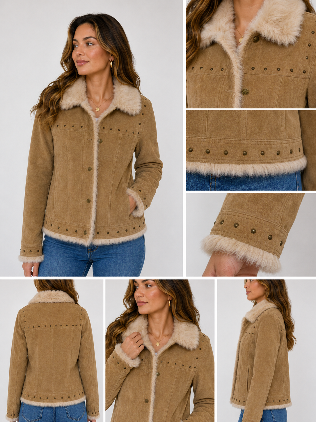 Women’s Genuine Suede Leather Jacket with Real Rabbit Fur Trim – Button Front