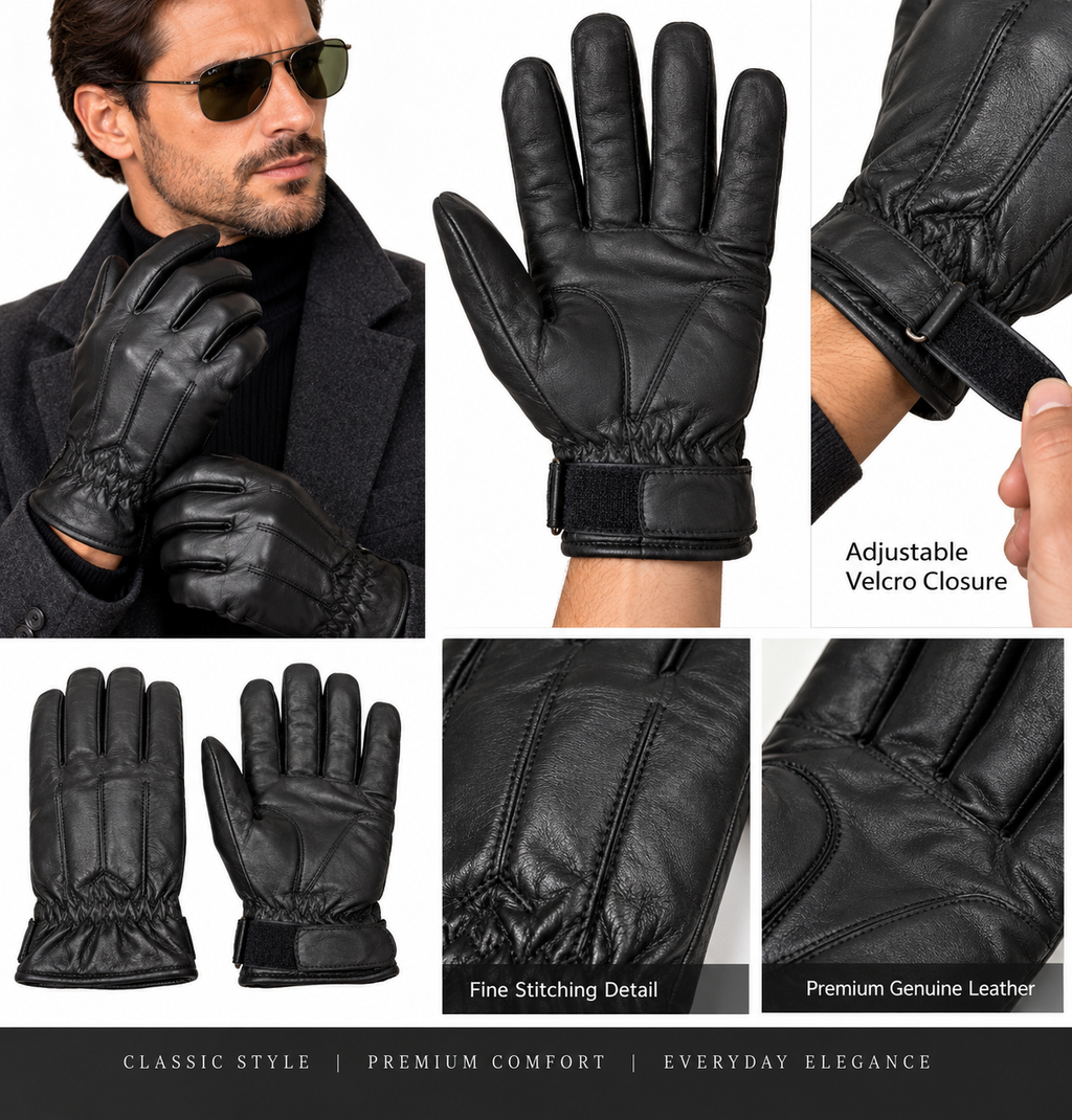 Men’s Genuine Leather Gloves Black Warm Lined Winter Driving Velcro Wrist