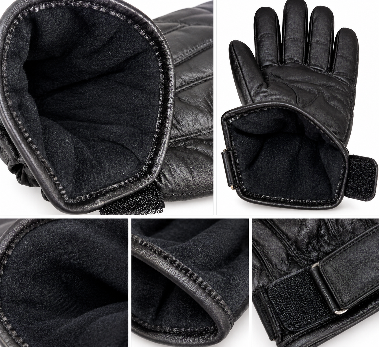 Men’s Genuine Leather Gloves Black Warm Lined Winter Driving Velcro Wrist