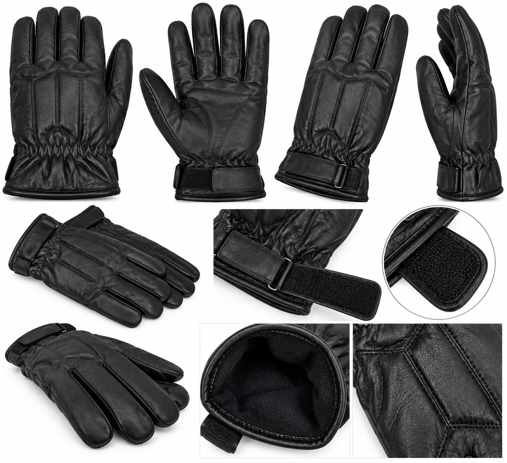 Men’s Genuine Leather Gloves Black Warm Lined Winter Driving Velcro Wrist