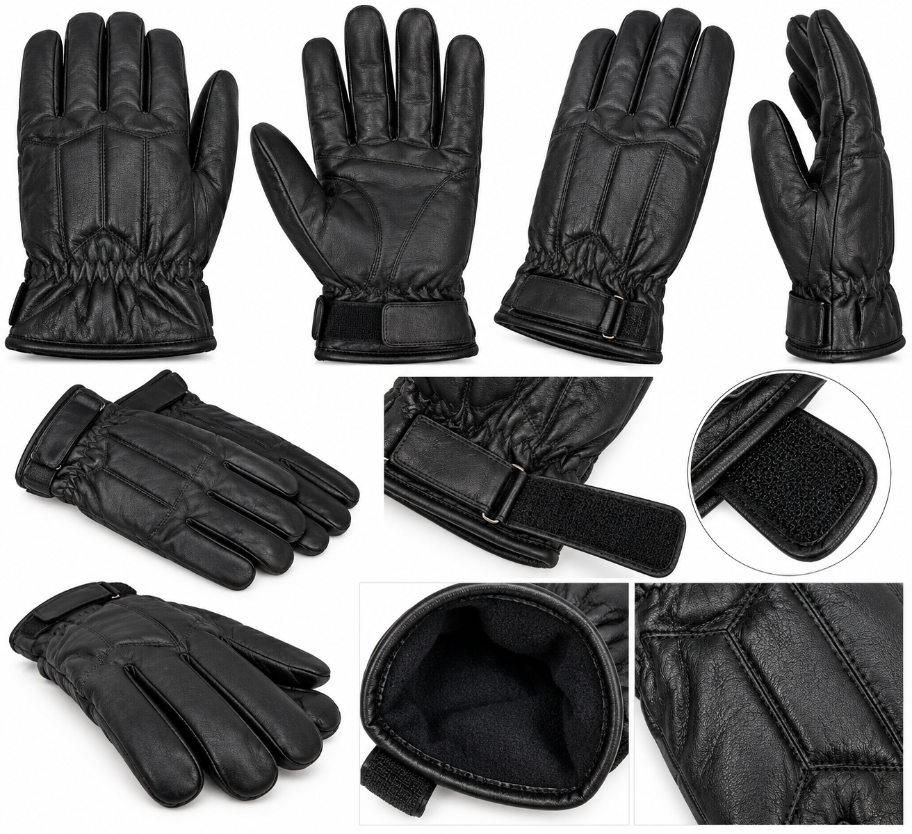 Men’s Genuine Leather Gloves Black Warm Lined Winter Driving Velcro Wrist