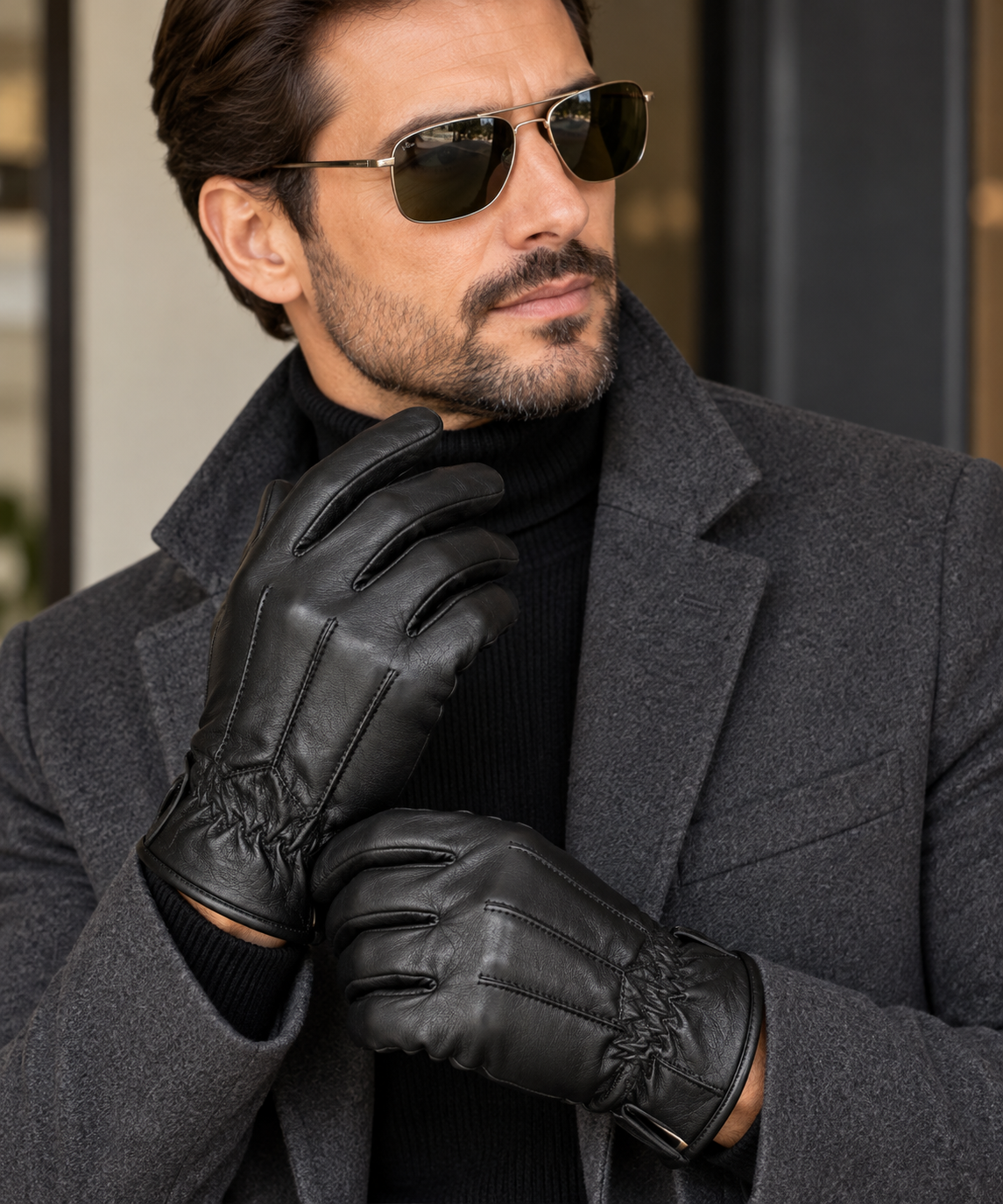 Men’s Genuine Leather Gloves Black Warm Lined Winter Driving Velcro Wrist
