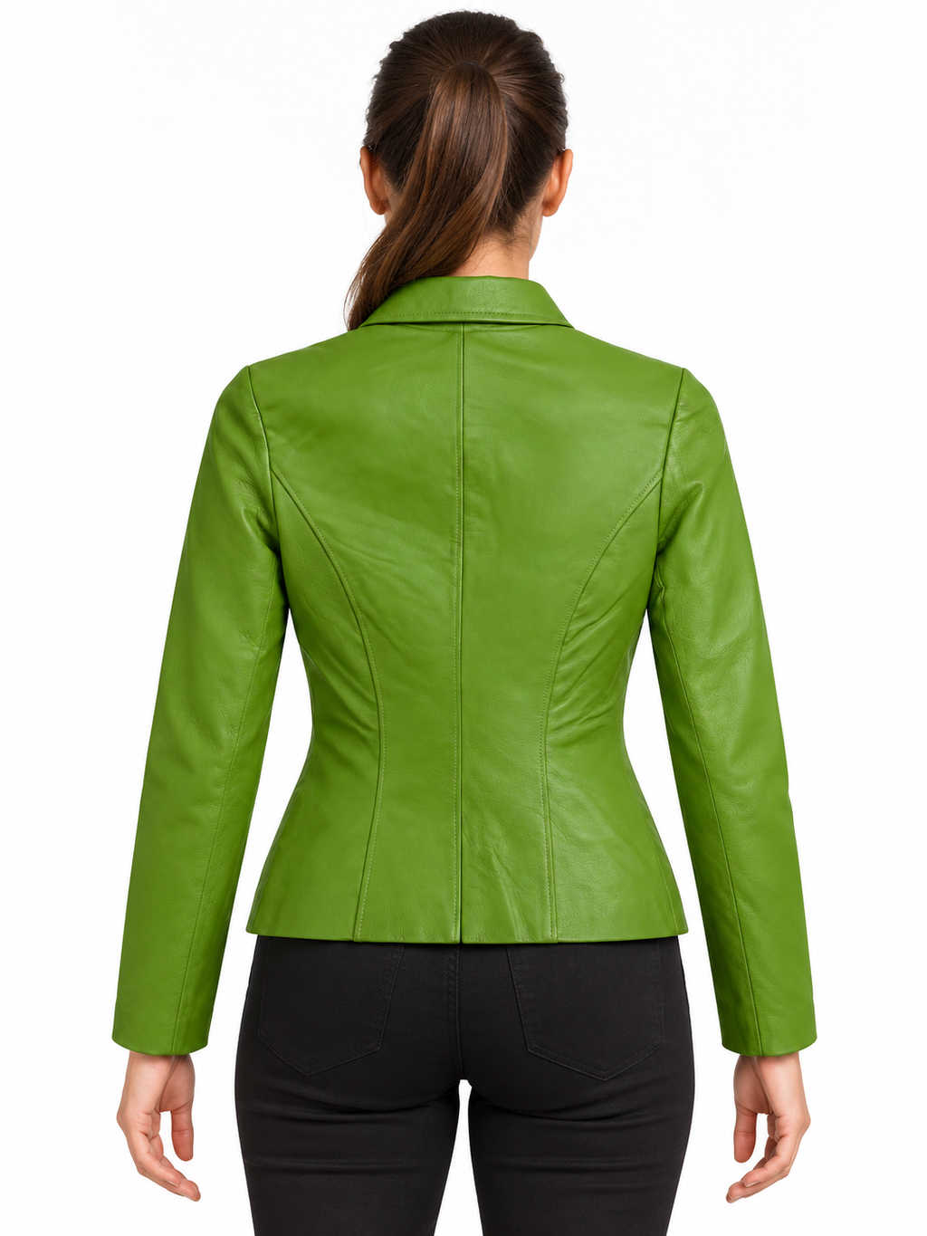Women’s Genuine Leather Fitted Jacket – Green Zip-Front Jacket with Collar and Side Pockets