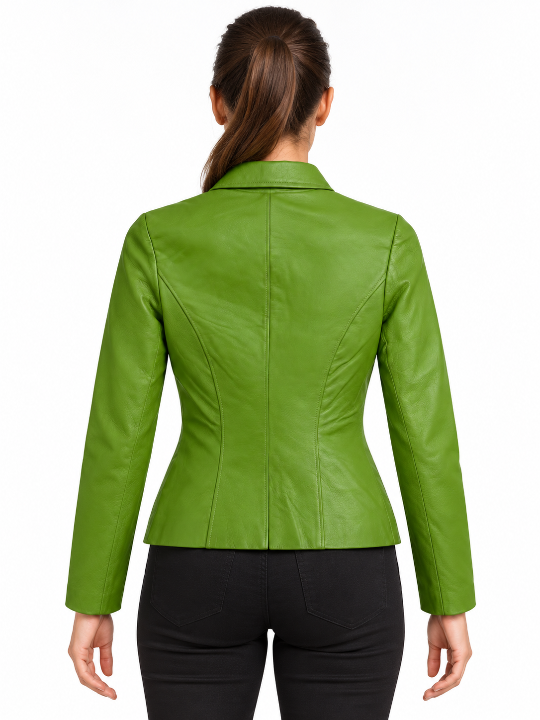 Women’s Genuine Leather Fitted Jacket – Green Zip-Front Jacket with Collar and Side Pockets