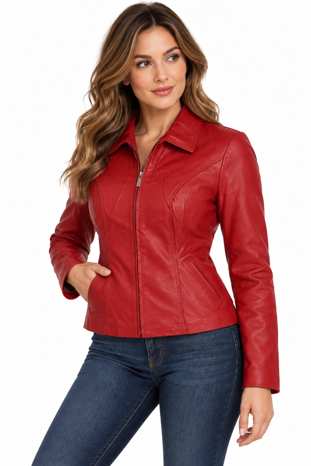 Women’s Genuine Leather Fitted Jacket – Red Zip-Up with Pointed Collar and Front Pockets