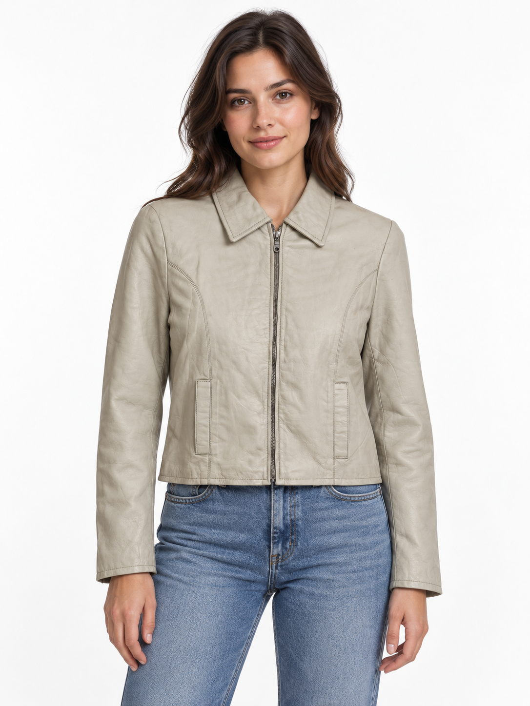 Women’s Genuine Lambskin Leather Zip Jacket – Beige