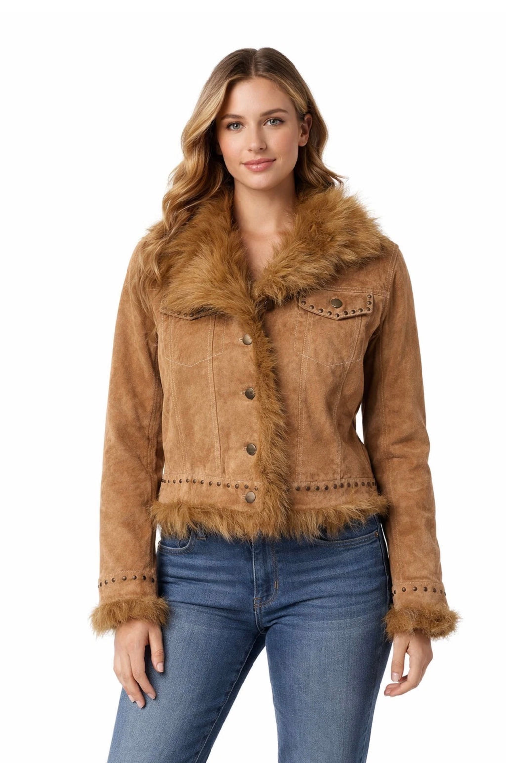 Women’s Genuine Suede Leather Jacket with Faux Fur Trim – Western Studded Cropped Jacket