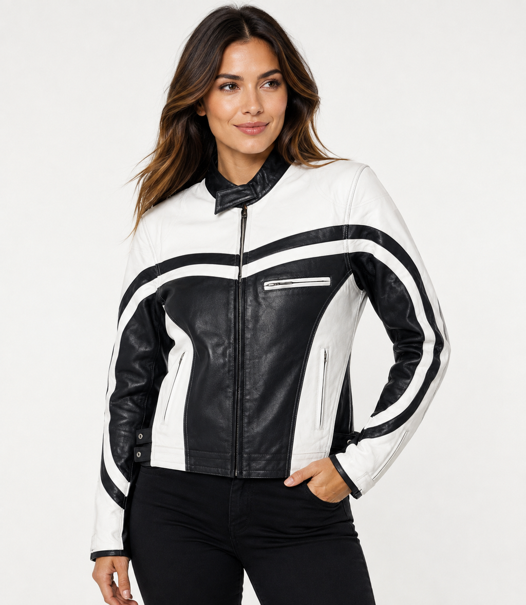 Women’s Genuine Leather Black & White Motorcycle Jacket  Handcrafted