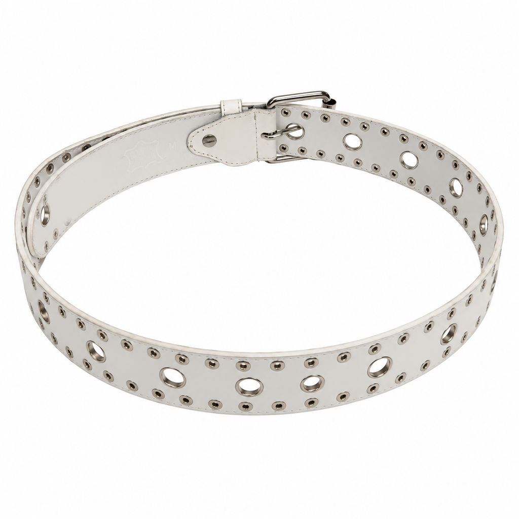 Women’s White Faux Leather Grommet Belt – Silver Studded Punk Western Fashion Belt