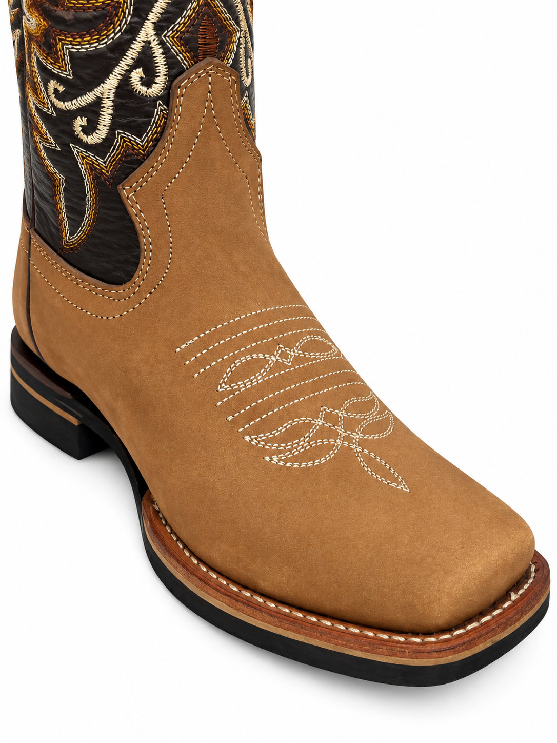 Junior Genuine Leather Western Cowboy  – Tan Embroidered Square Toe