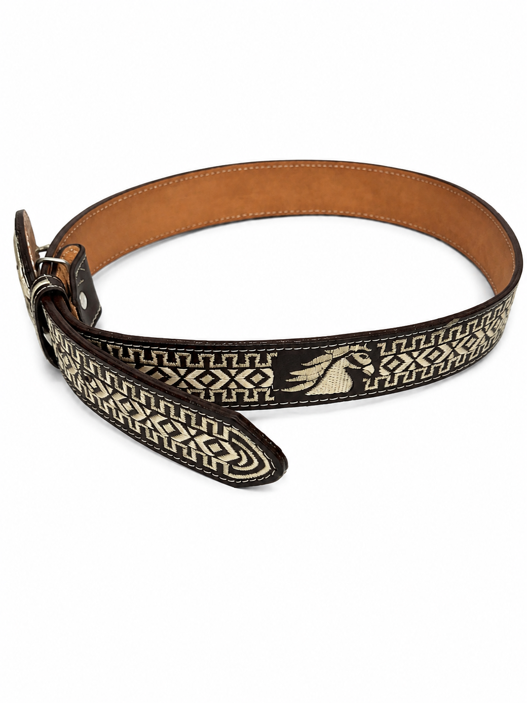 Men’s Brown Leather Belt – Classic Stitched Western Dress Belt with Silver-Tone Hardware