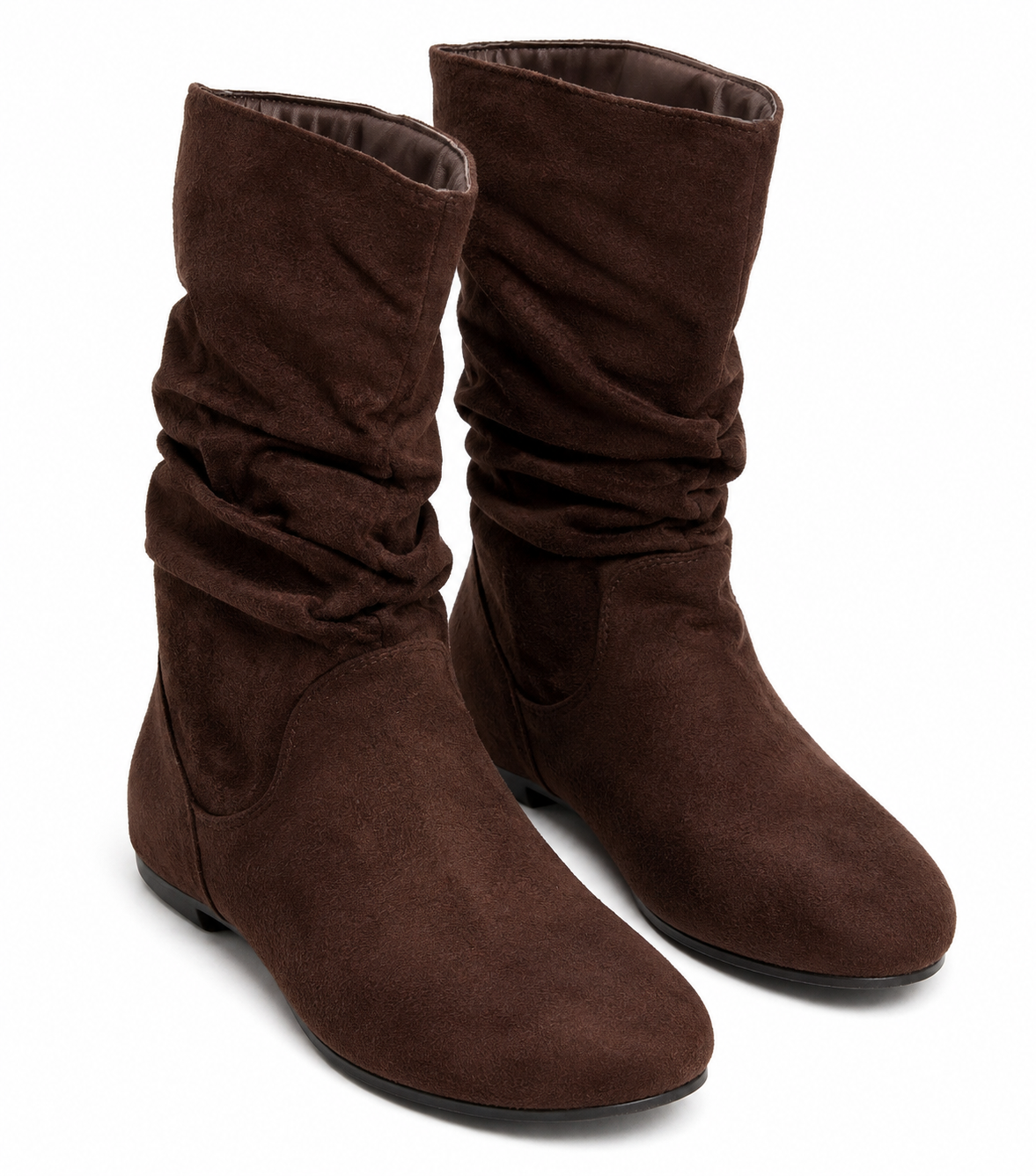 Women’s Brown Faux Suede Slouch Boots – 7-Inch Shaft, Round Toe Flat Boots