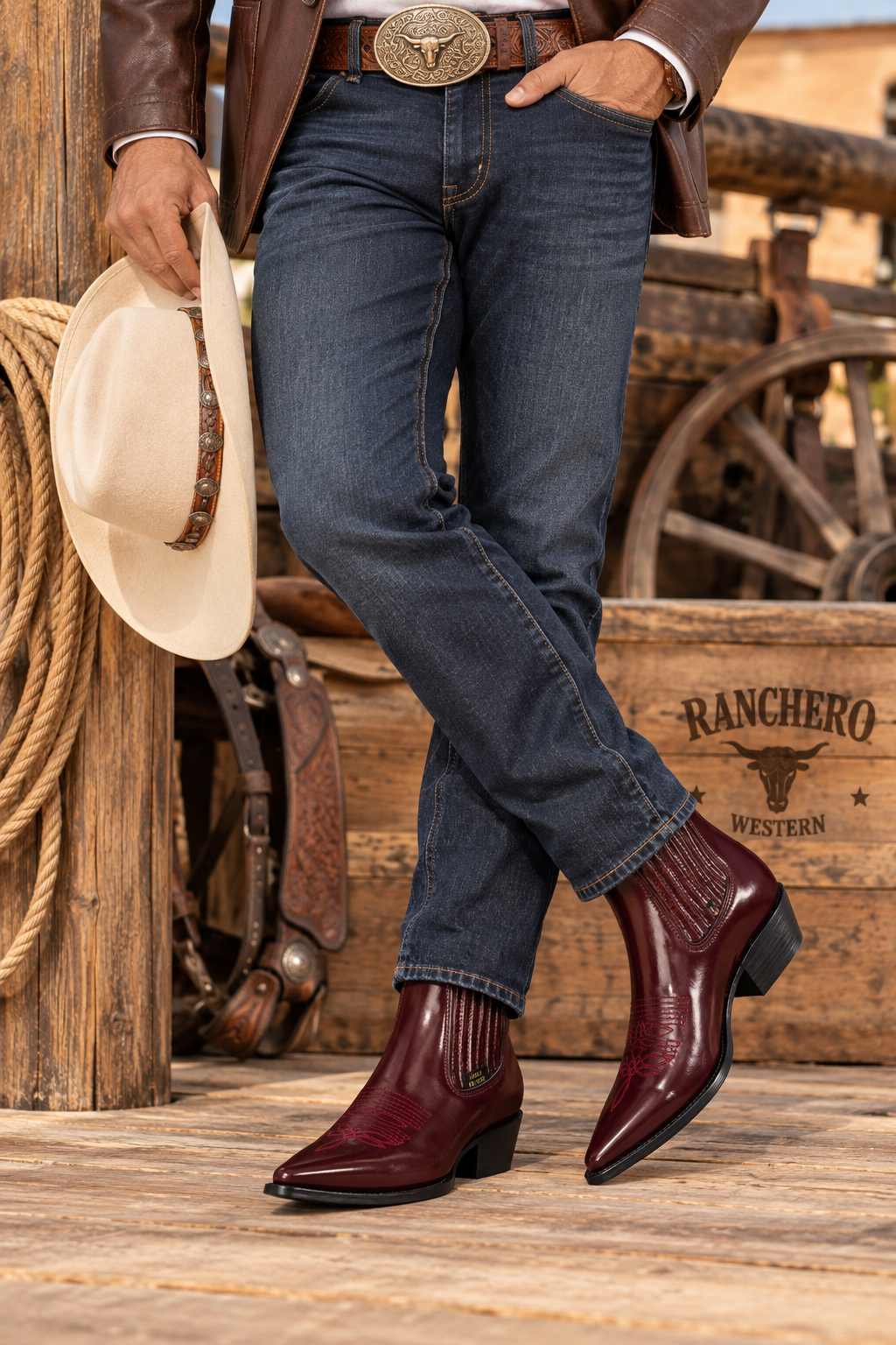 Men’s Genuine Leather Ankle Botín – Burgundy Western Cowboy Boot