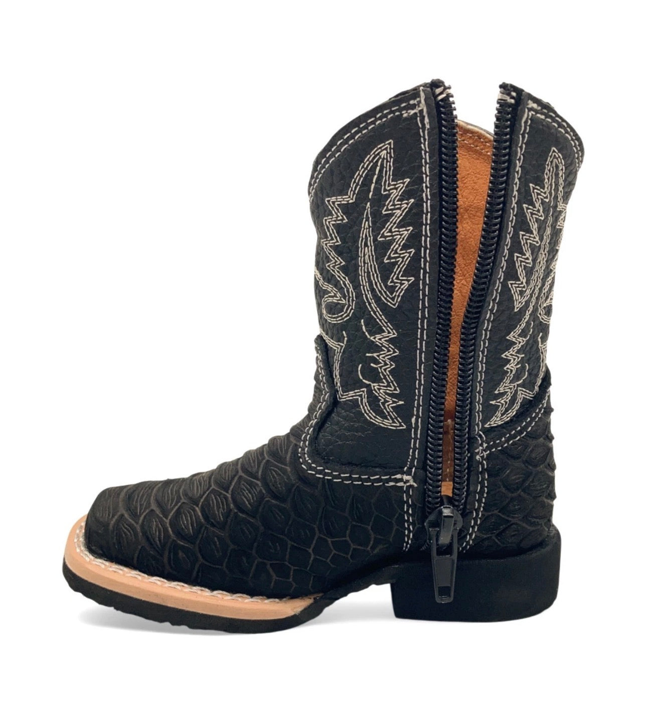 Kids Fish Print Western Cowboy Boots – Side Zipper Square Toe