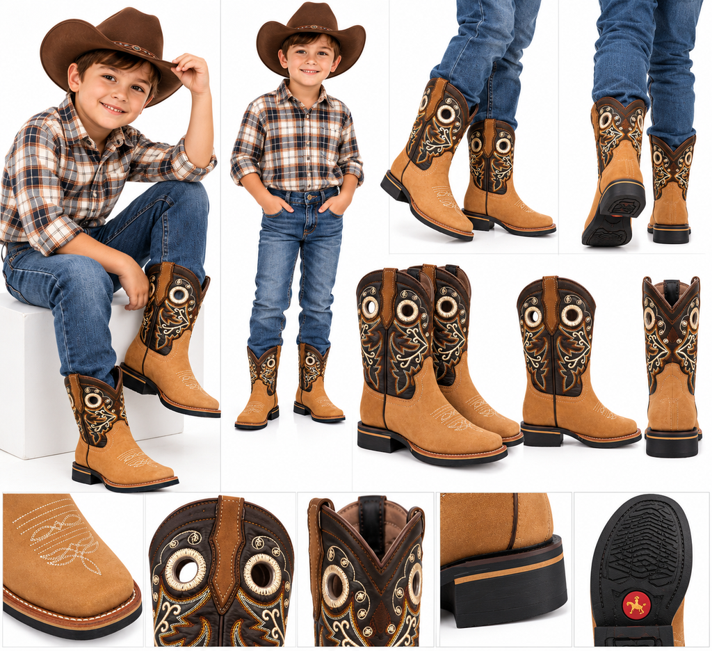 Junior Genuine Leather Western Cowboy  – Tan Embroidered Square Toe