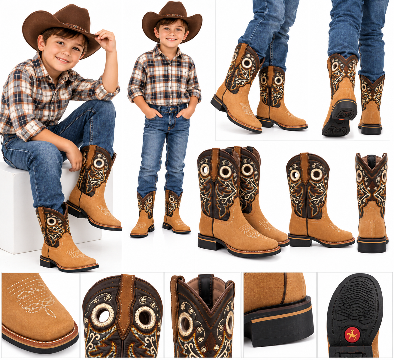 Junior Genuine Leather Western Cowboy  – Tan Embroidered Square Toe
