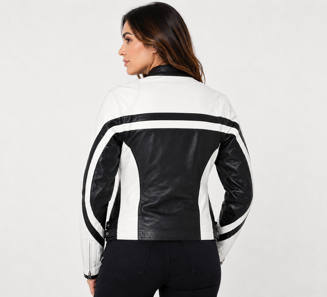 Women’s Genuine Leather Black & White Motorcycle Jacket  Handcrafted