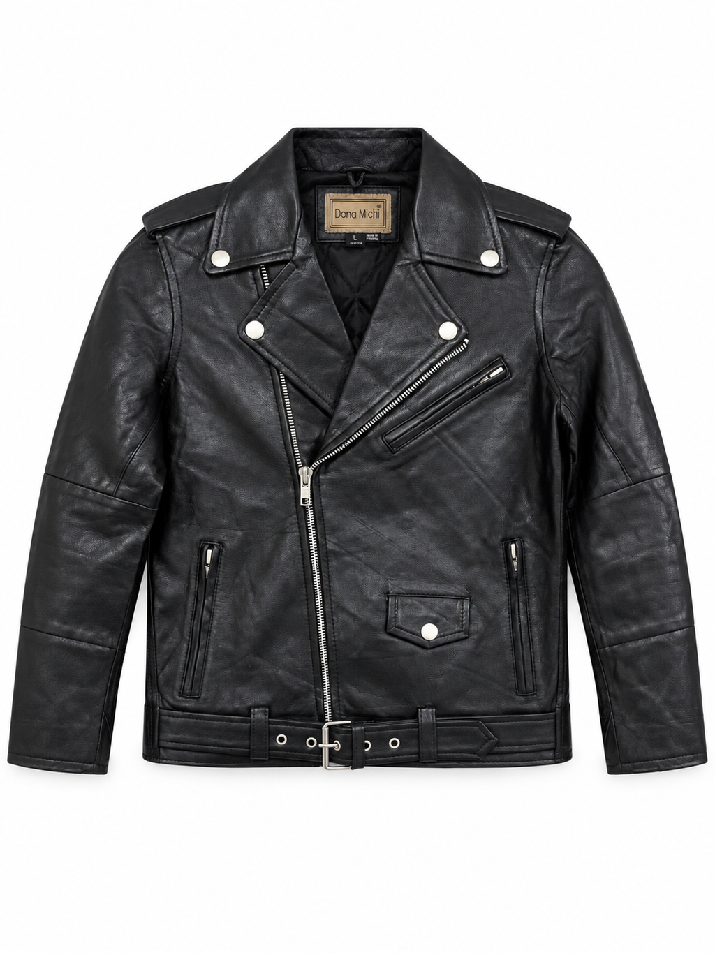 Black Genuine Leather Biker Jacket with Asymmetrical Zip, Belt, and Multiple Pockets