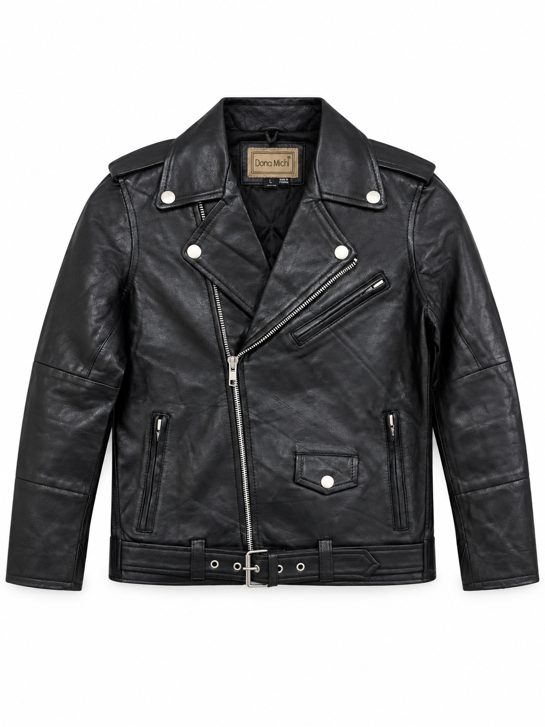 Black Genuine Leather Biker Jacket with Asymmetrical Zip, Belt, and Multiple Pockets