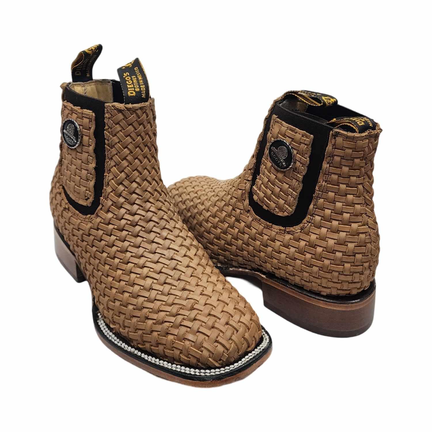 Mens Leather Cowboy Western Hand Woven Braided Square Toe half boots Chelsea Botin Vaquero Petatillo Tejidos