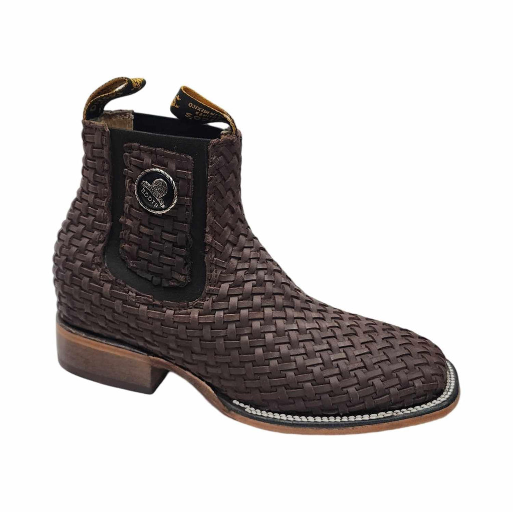 Mens Leather Cowboy Western Hand Woven Braided Square Toe half boots Chelsea Botin Vaquero Petatillo Tejidos