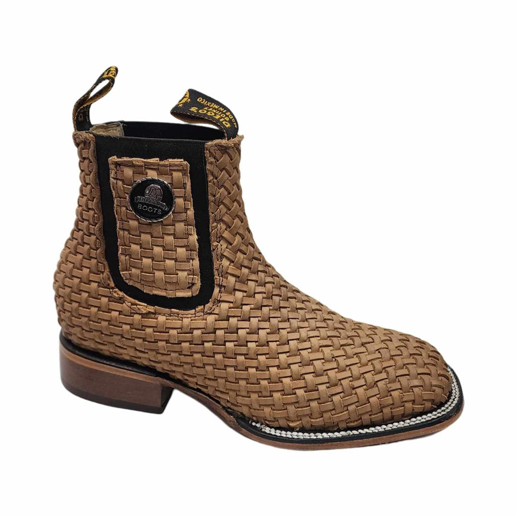 Mens Leather Cowboy Western Hand Woven Braided Square Toe half boots Chelsea Botin Vaquero Petatillo Tejidos
