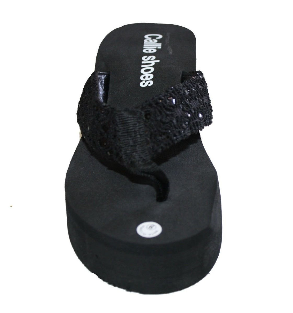 Dona Michi Leather Womens LA BEUATY Sequin Platform Thong Flip Flops Wedge Sandal : Heel 2.6" Apporx