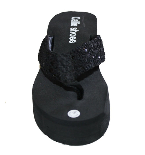 Dona Michi Leather Womens LA BEUATY Sequin Platform Thong Flip Flops Wedge Sandal : Heel 2.6" Apporx