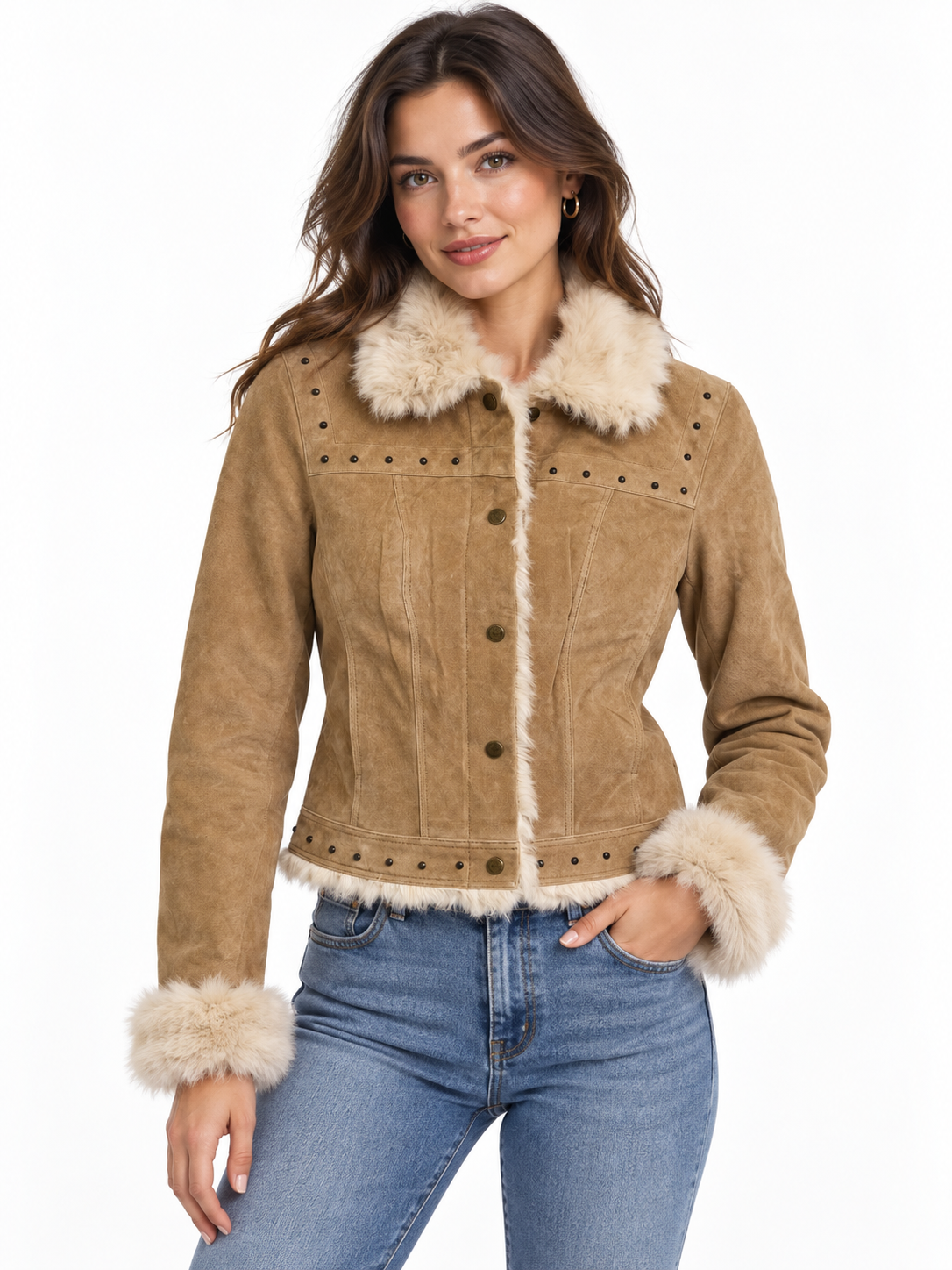 Women’s Genuine Suede Leather Jacket with Real Rabbit Fur Trim – Button Front