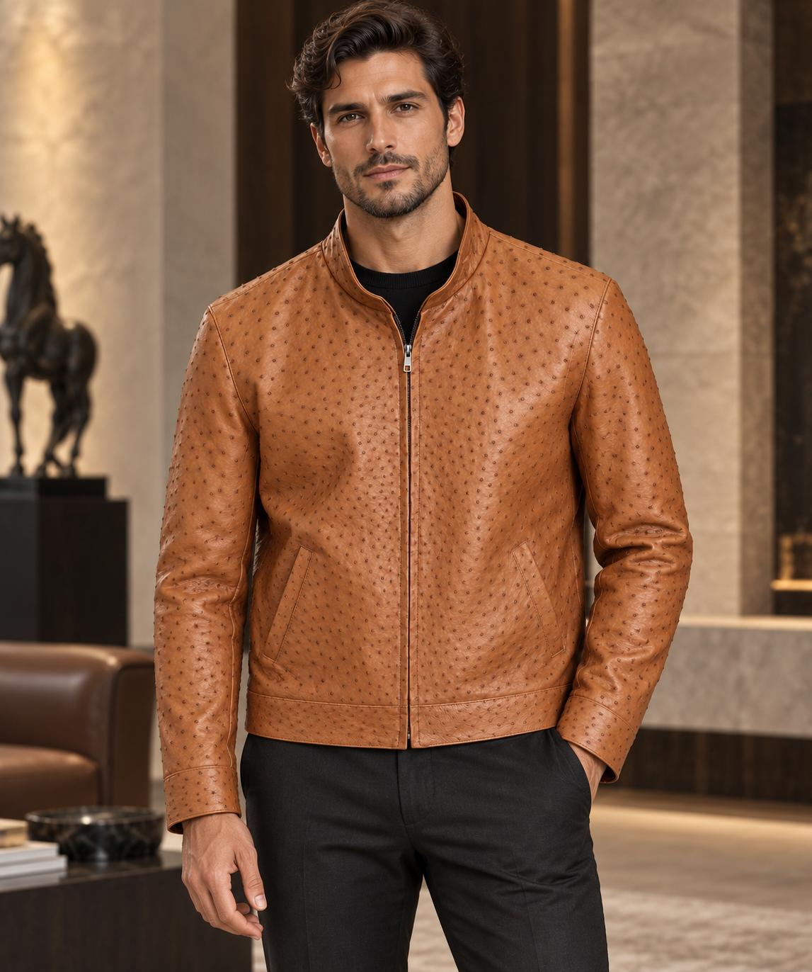 100% Genuine Full-Quill Ostrich Leather Jacket — Not Embossed
