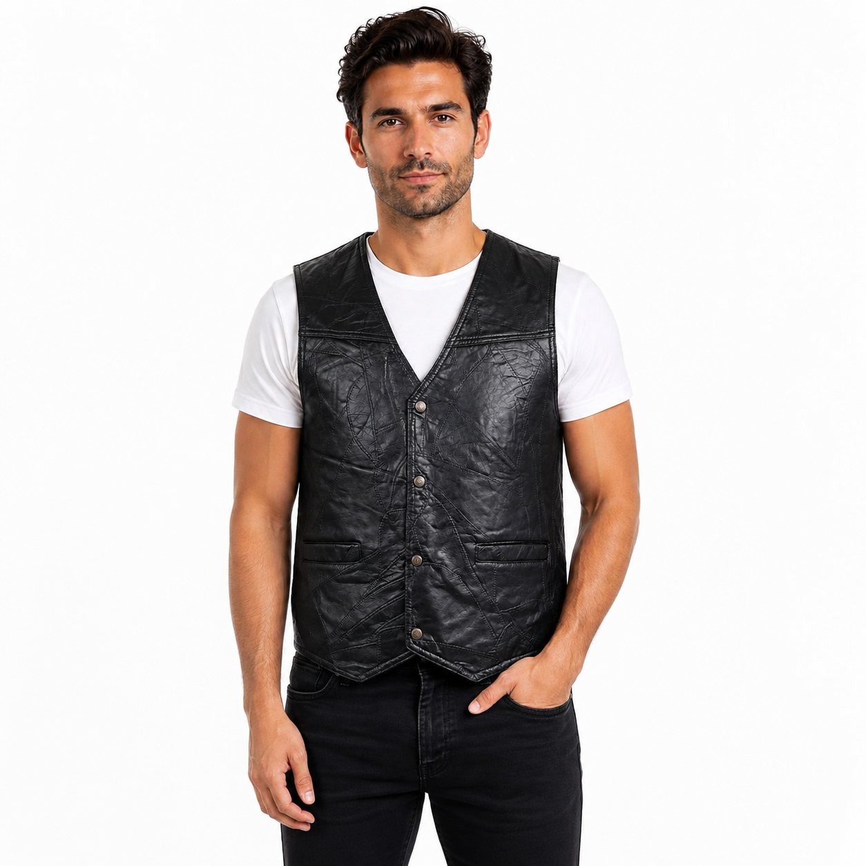Men’s Genuine Leather Patchwork Vest – Black Snap-Front Western Biker Waistcoat with Pockets