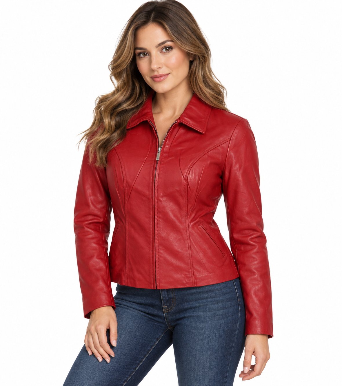 Women’s Genuine Leather Fitted Jacket – Red Zip-Up with Pointed Collar and Front Pockets