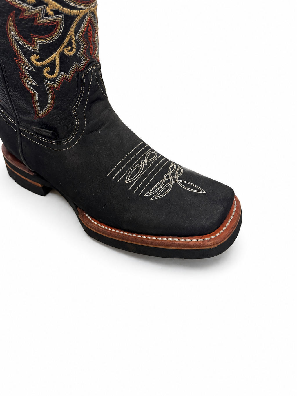 Junior Genuine Leather Western Cowboy Boots – Black Embroidered Square Toe