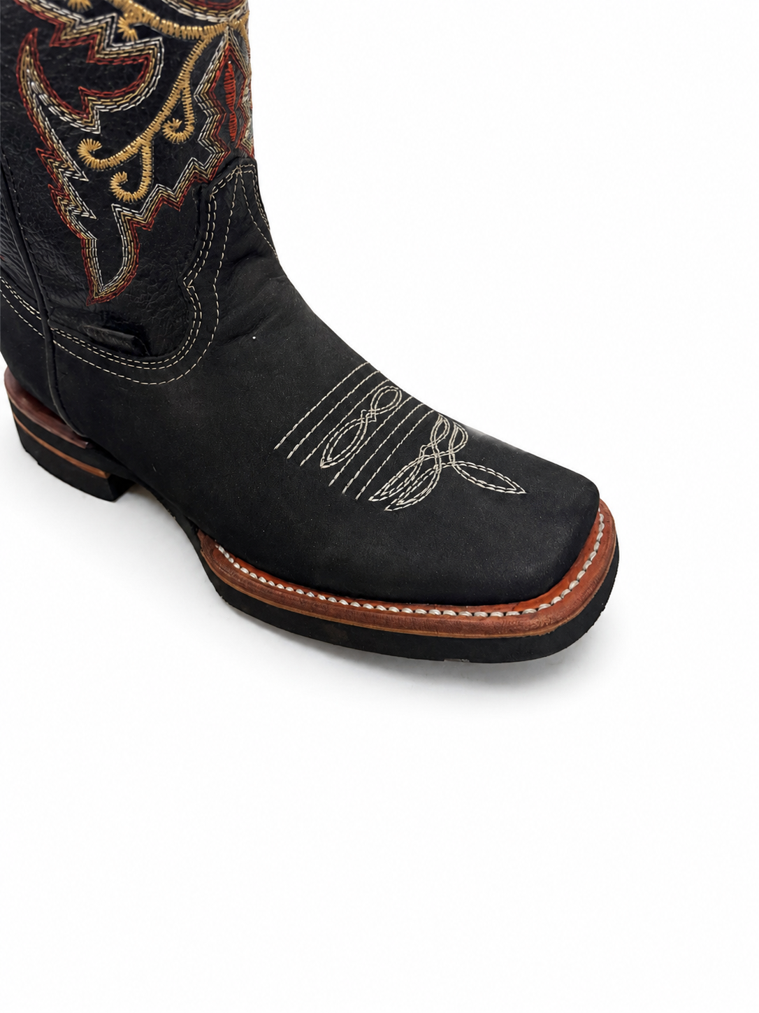 Junior Genuine Leather Western Cowboy Boots – Black Embroidered Square Toe