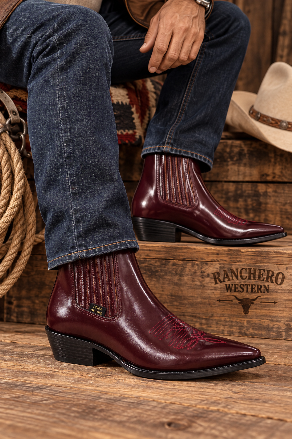 Men’s Genuine Leather Ankle Botín – Burgundy Western Cowboy Boot