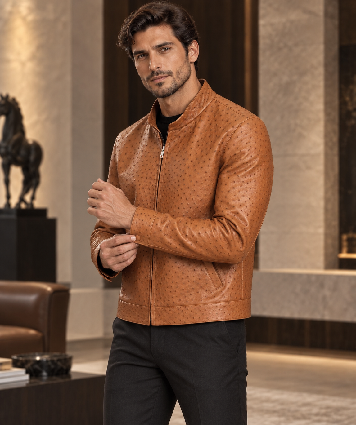 100% Genuine Full-Quill Ostrich Leather Jacket — Not Embossed