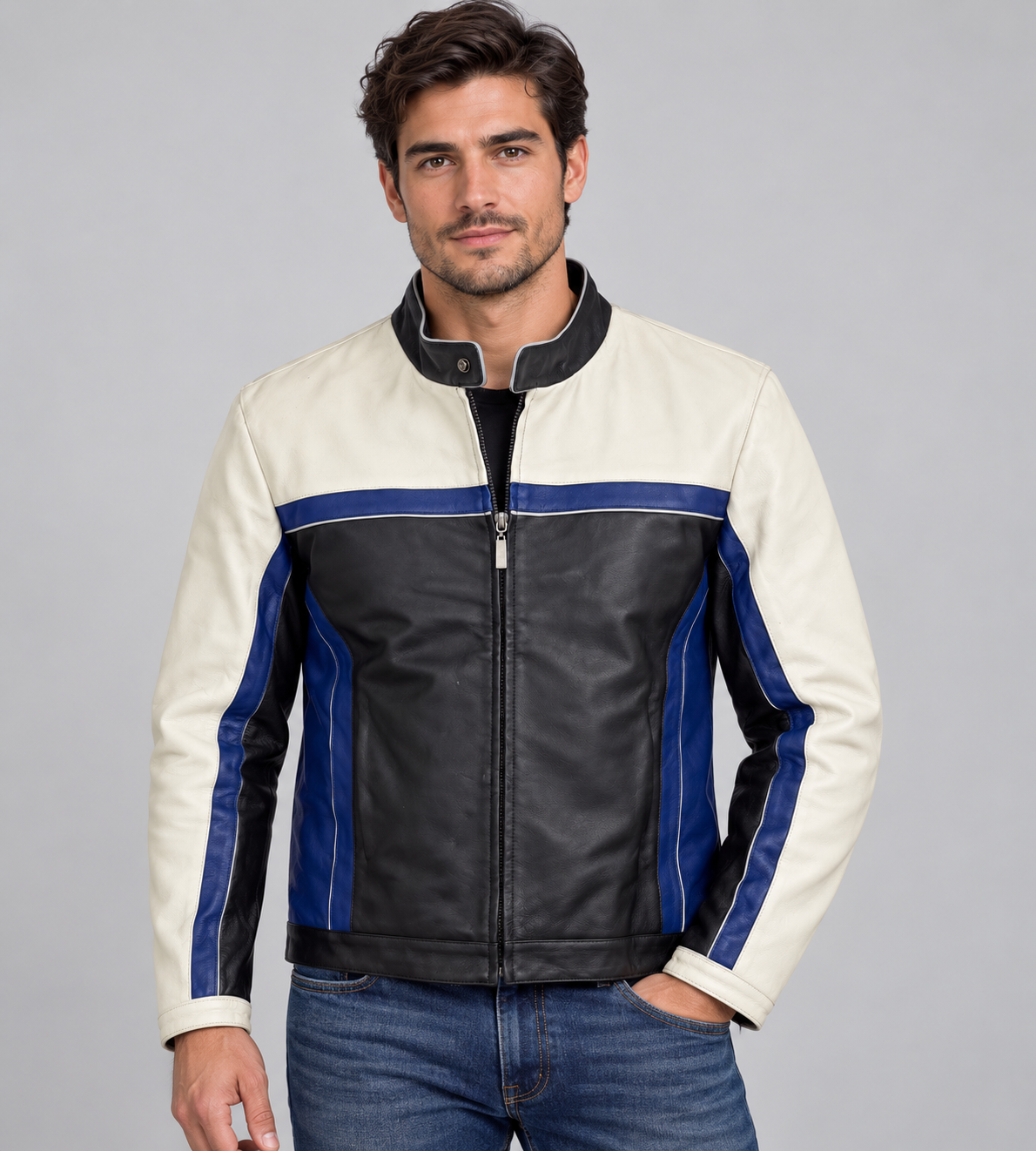 Men’s Genuine Leather Racing Jacket, Black, Blue & Ivory Colorblock Motorcycle Style, Full-Zip Stand Collar