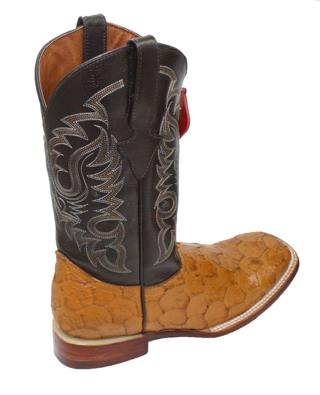 Dona Michi Men's Quincy Pirarucu Fish Print Boots Square Toe Handcrafted Boots Tan