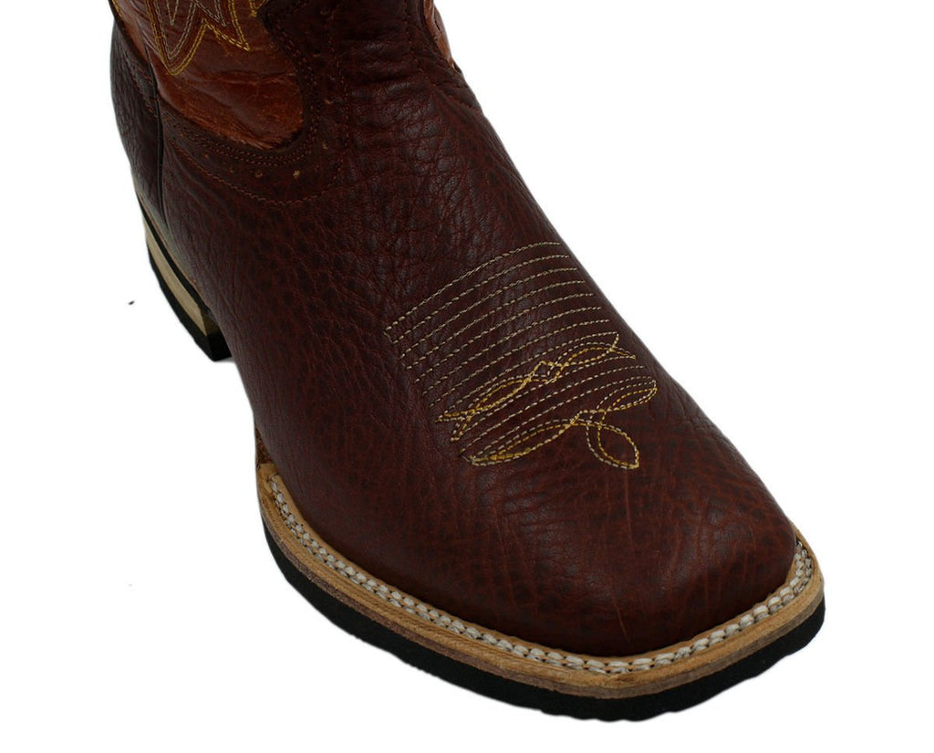 Men Genuine Bull Shoulder Leather Square Toe decarative Shaft Boots