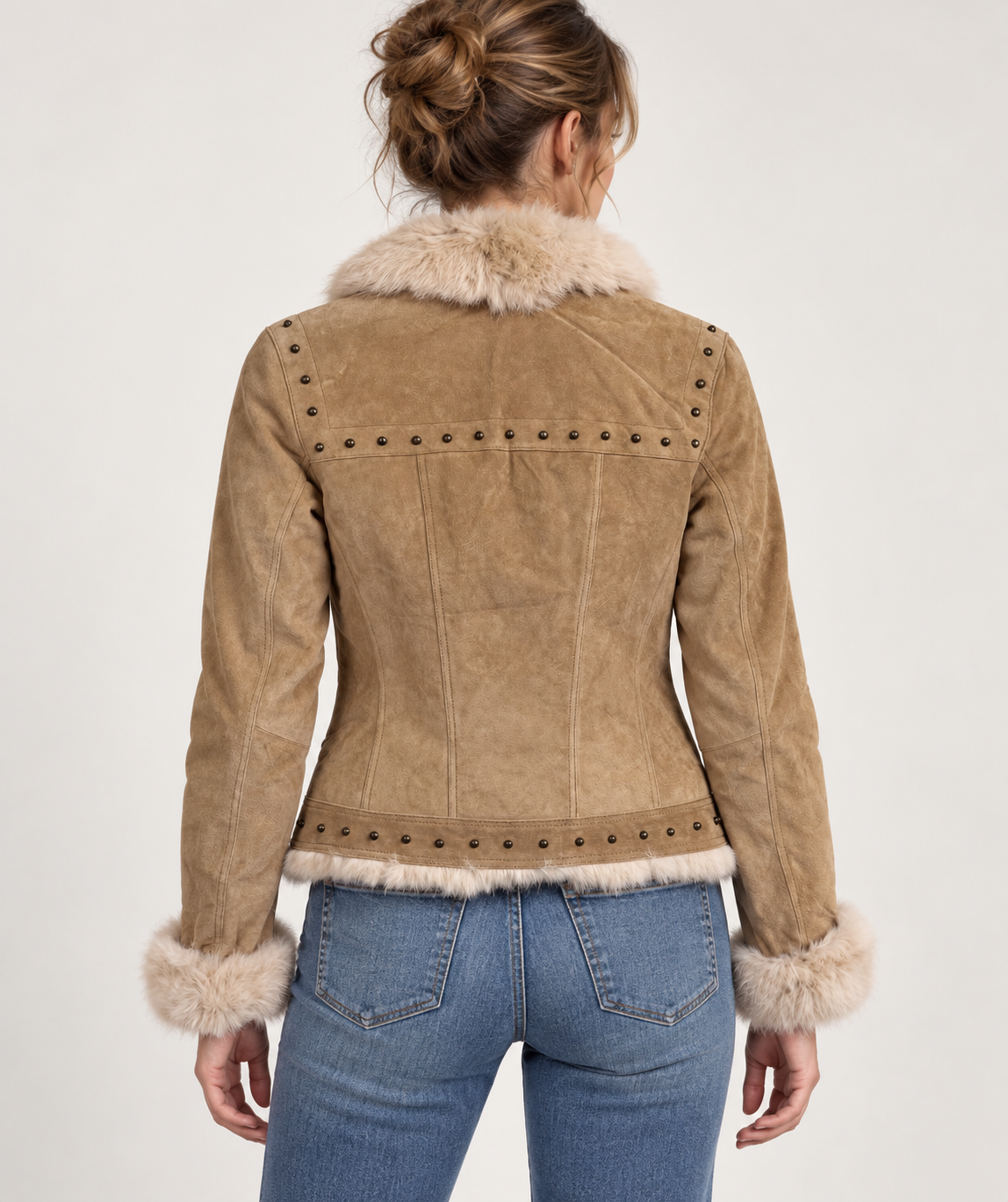 Women’s Genuine Suede Leather Jacket with Real Rabbit Fur Trim – Button Front