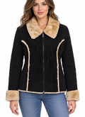 Women’s Genuine Suede Jacket with Plush Faux-Fur Lining, Tan Faux-Fur Collar and Cuffs, Full-Zip Front